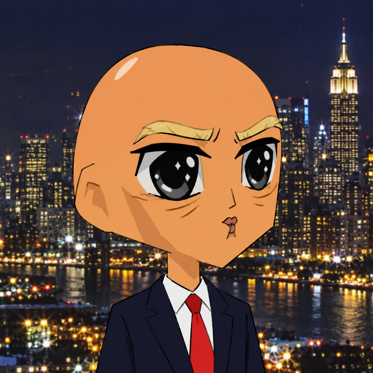 Bald anime Donald Trump with a red tie