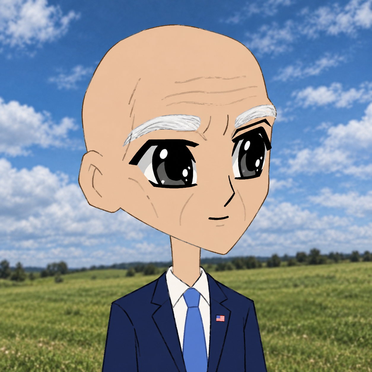 Bald anime Joe Biden in a blue suit