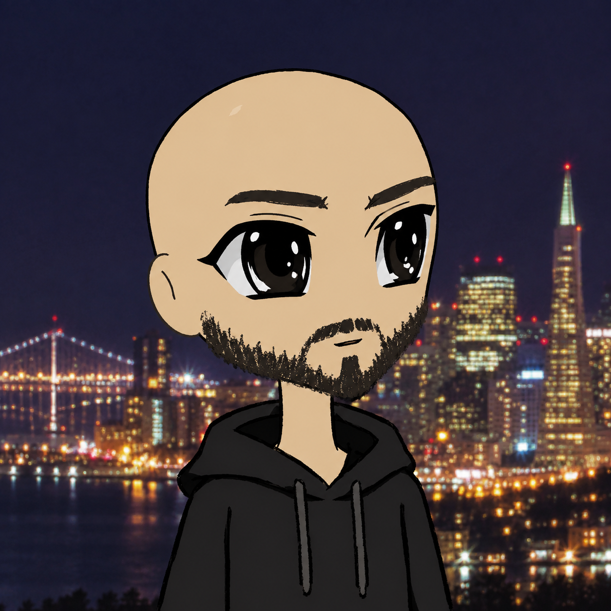 Bald anime Toly wearing a black hoodie