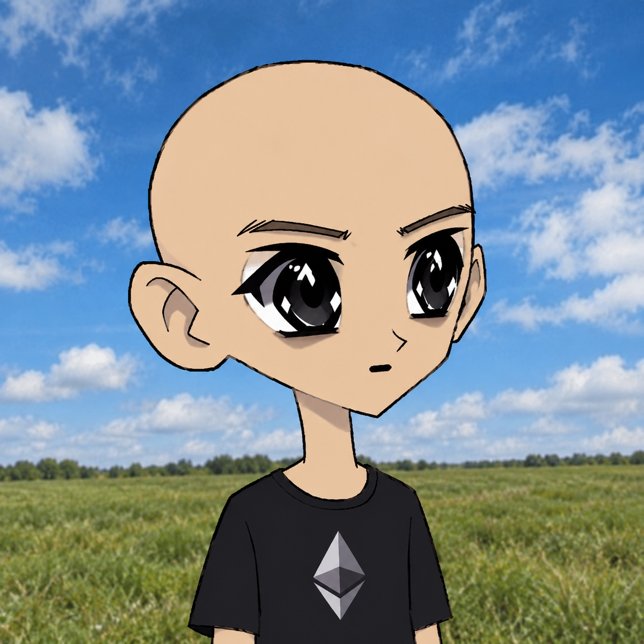 Bald Vitalik with enormous glossy anime eyes